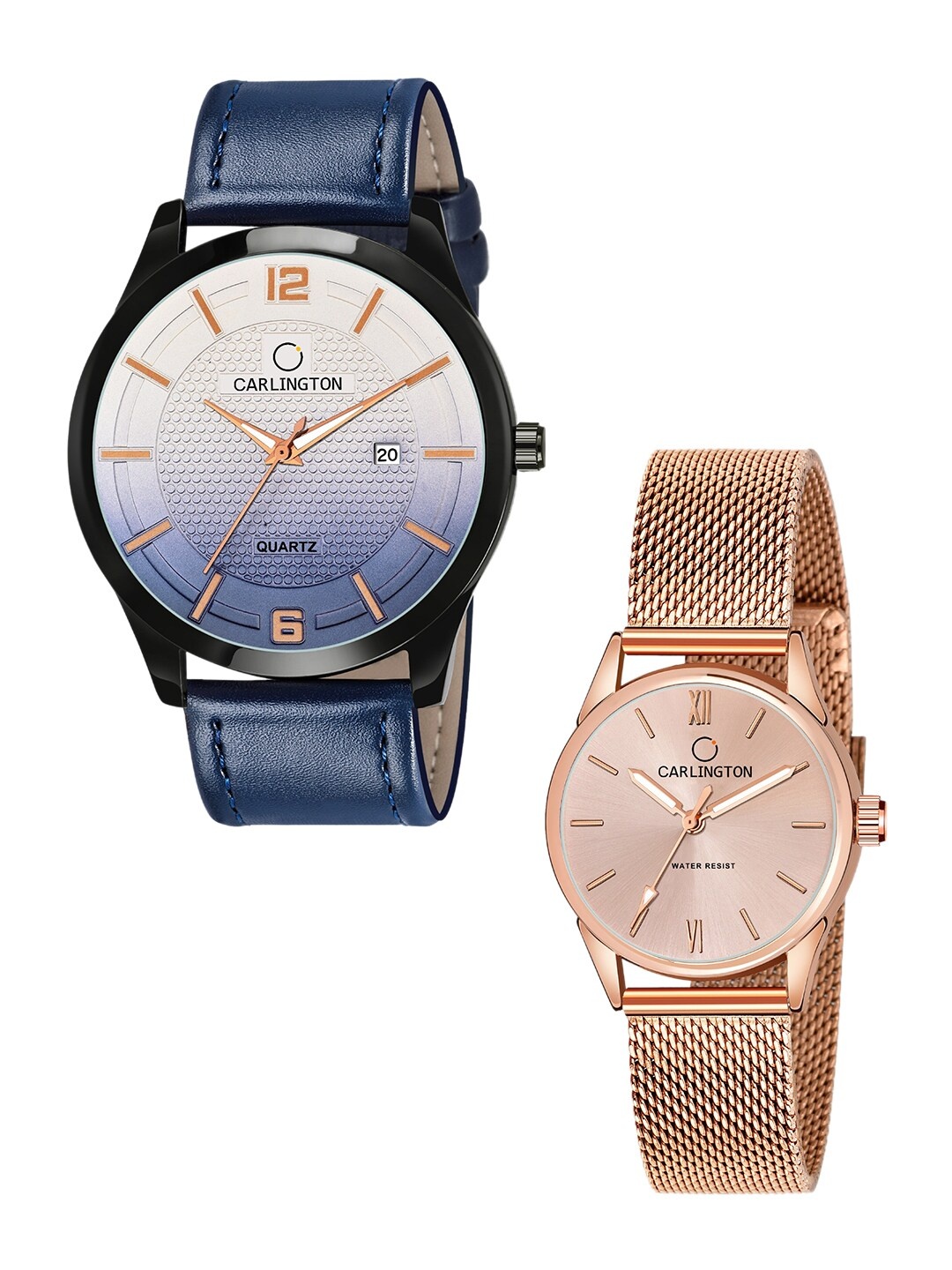 

CARLINGTON Pack Of 2 Blue & Rose Gold-Toned Analogue Watch Combo
