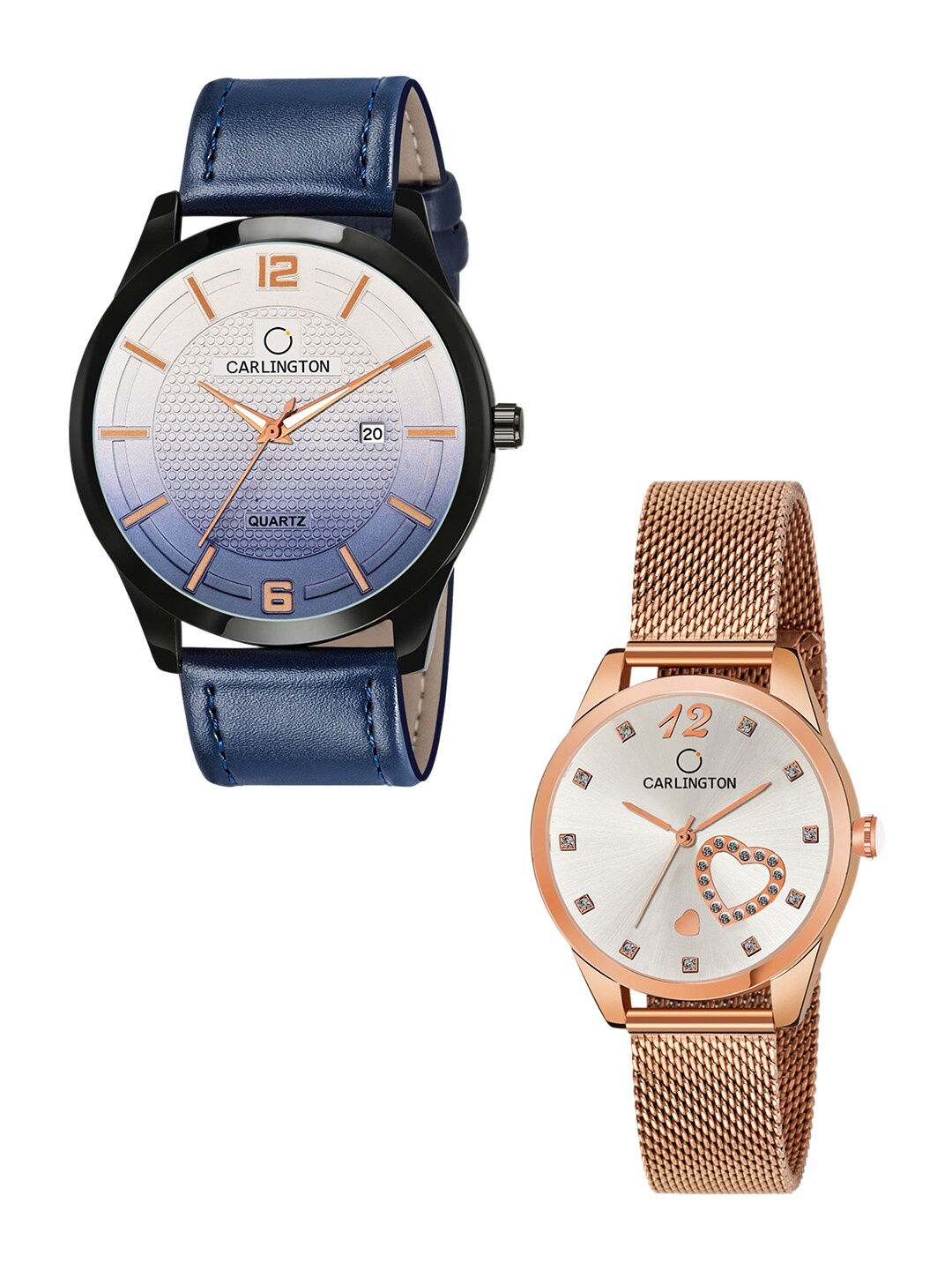 

CARLINGTON Leather Straps His and Her Watches Combo CT1010 Blue - CT2006 RoseWhite