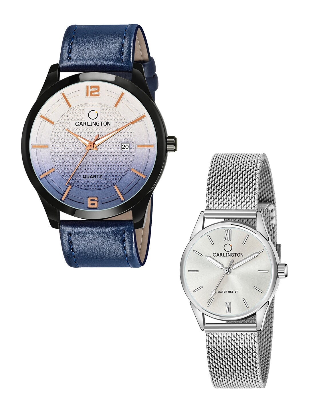 

CARLINGTON Pack Of 2 Blue & Silver-Toned His & Her Analogue Watch Combo
