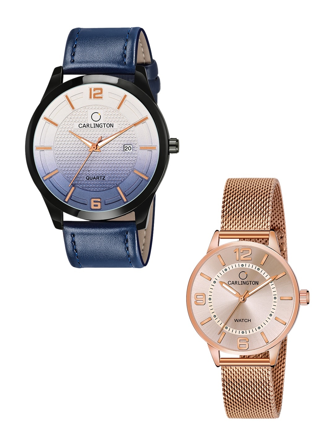

CARLINGTON Pack Of 2 Blue & Rose Gold-Toned His & Her Analogue Watch Combo