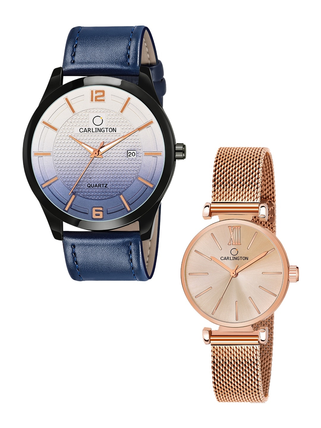 

CARLINGTON Pack Of 2 Blue & Rose Gold-Toned His & Her Analogue Watch Combo