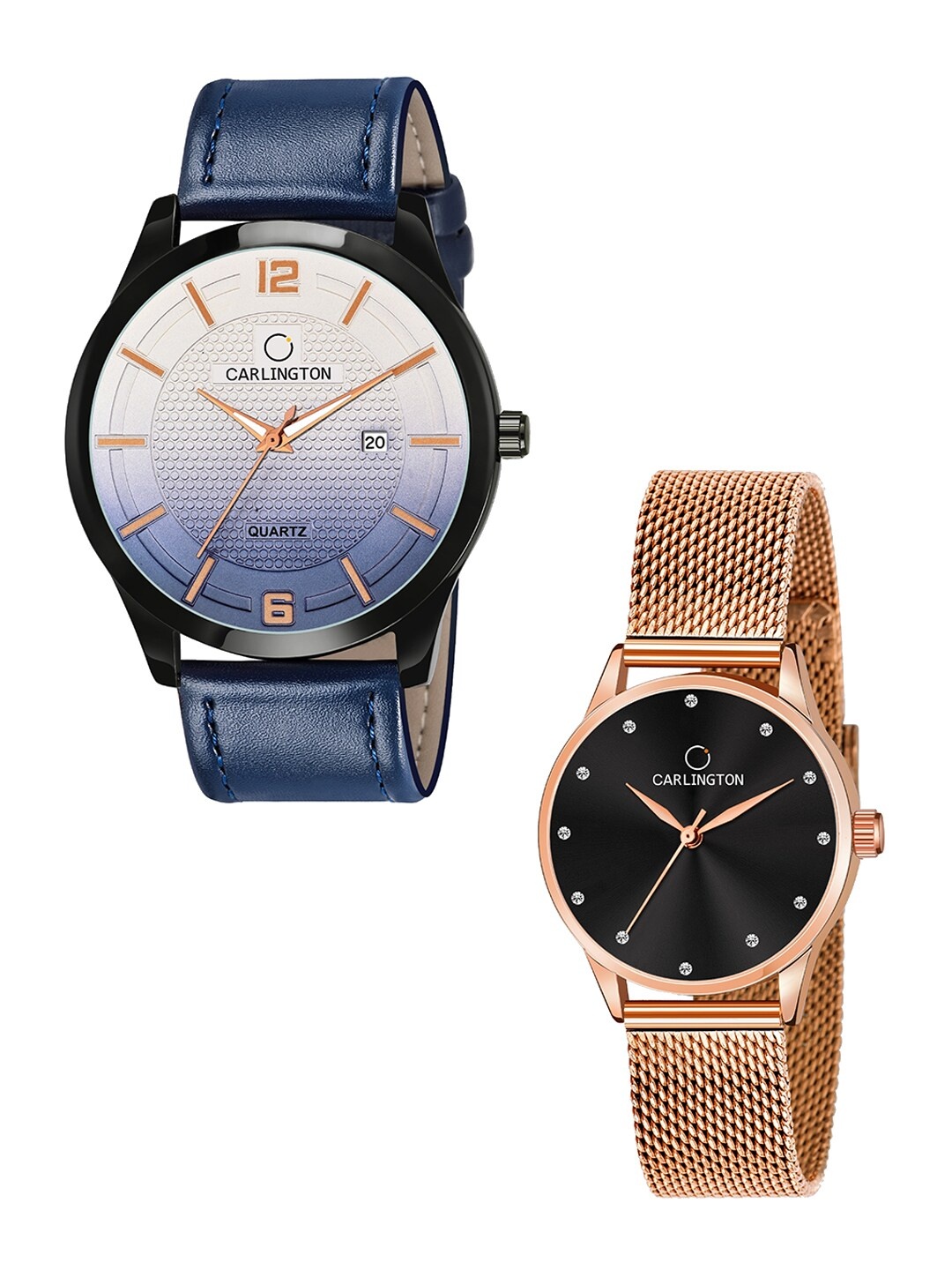 

CARLINGTON Pack Of 2 Blue & Rose Gold-Toned His & Her Analogue Watch Combo