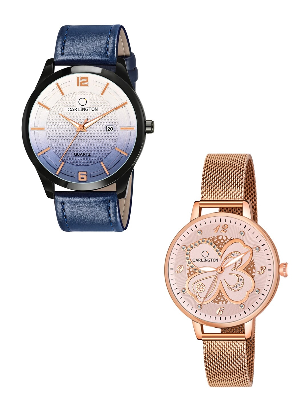 

CARLINGTON Set-2 Leather Straps Analogue Watch Combo CT1010 Blue - CT2019 RoseGold