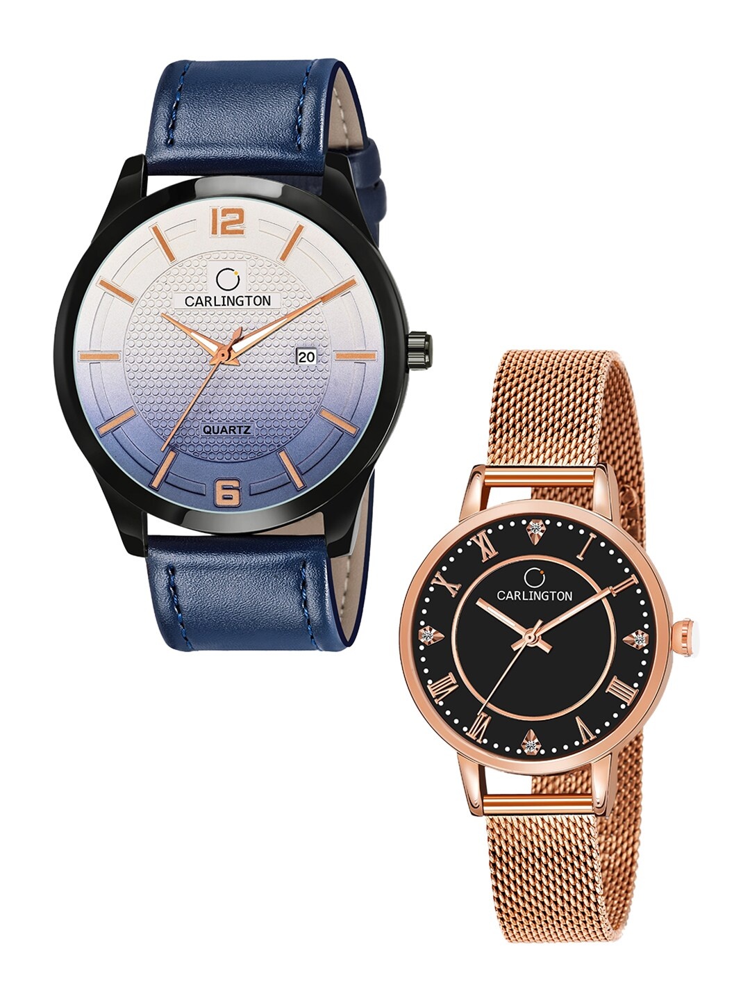 

CARLINGTON Pack Of 2 Blue & Rose Gold-Toned His & Her Analogue Watch Combo