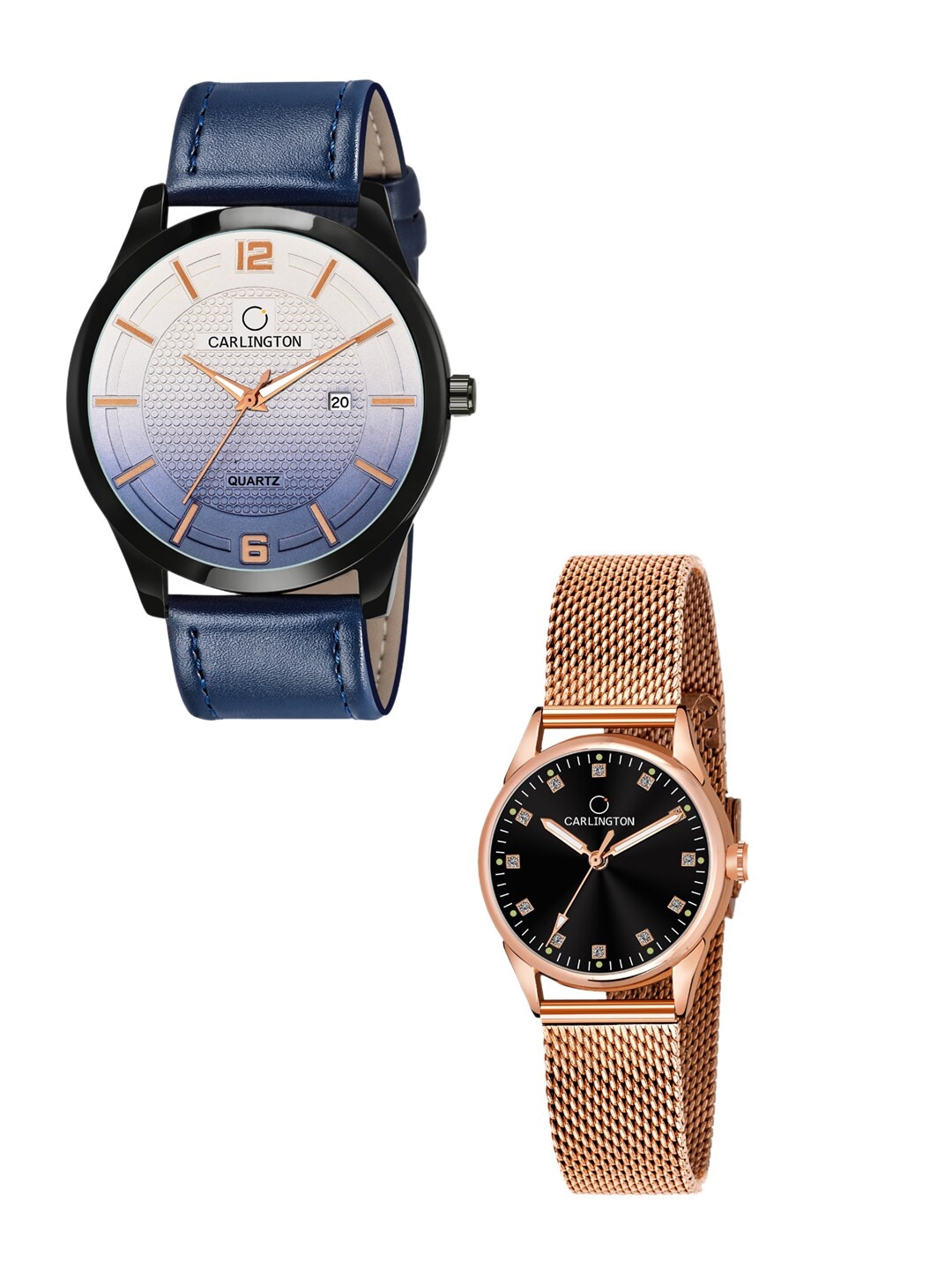 

CARLINGTON Set-2 Leather Straps Analogue Watch Combo CT1010 Blue - CT2004 RoseBlack