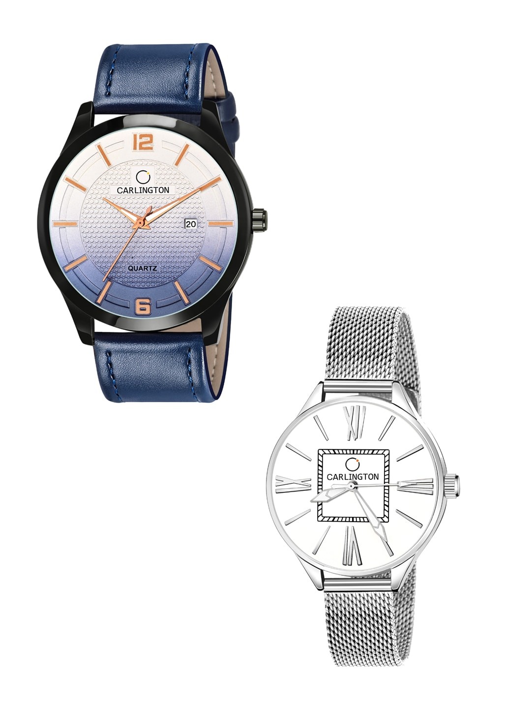 

CARLINGTON Pack OF 2 Blue & Silver-Toned His & Her Analogue Watch Combo