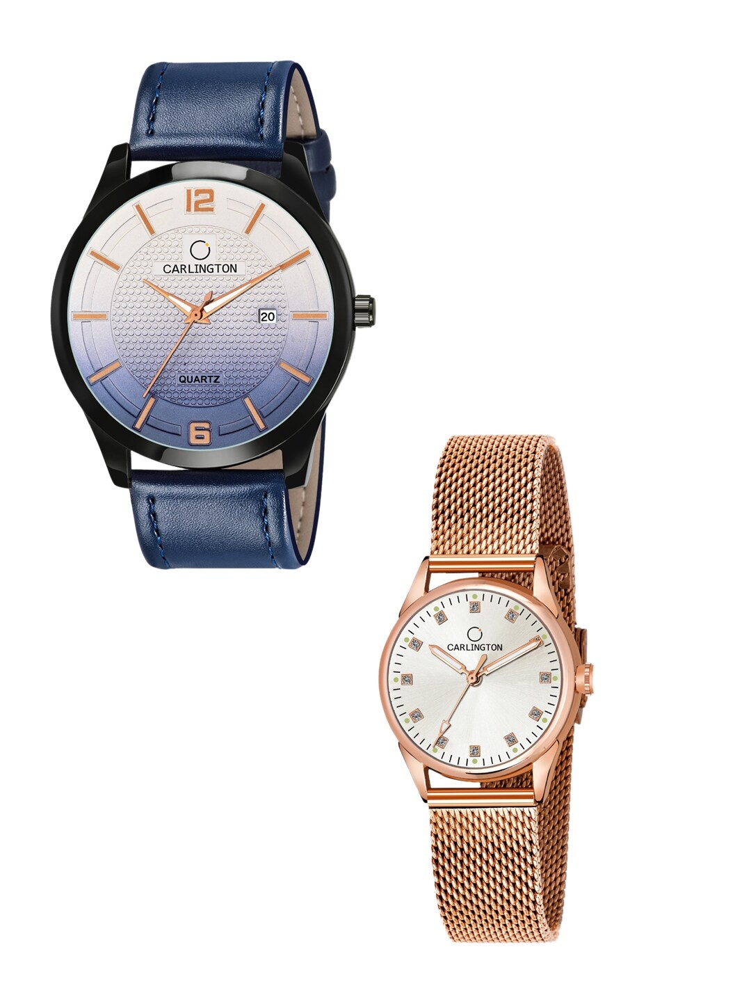 

CARLINGTON Pack Of 2 Blue & Rose Gold-Toned His & Her Analogue Watch Combo