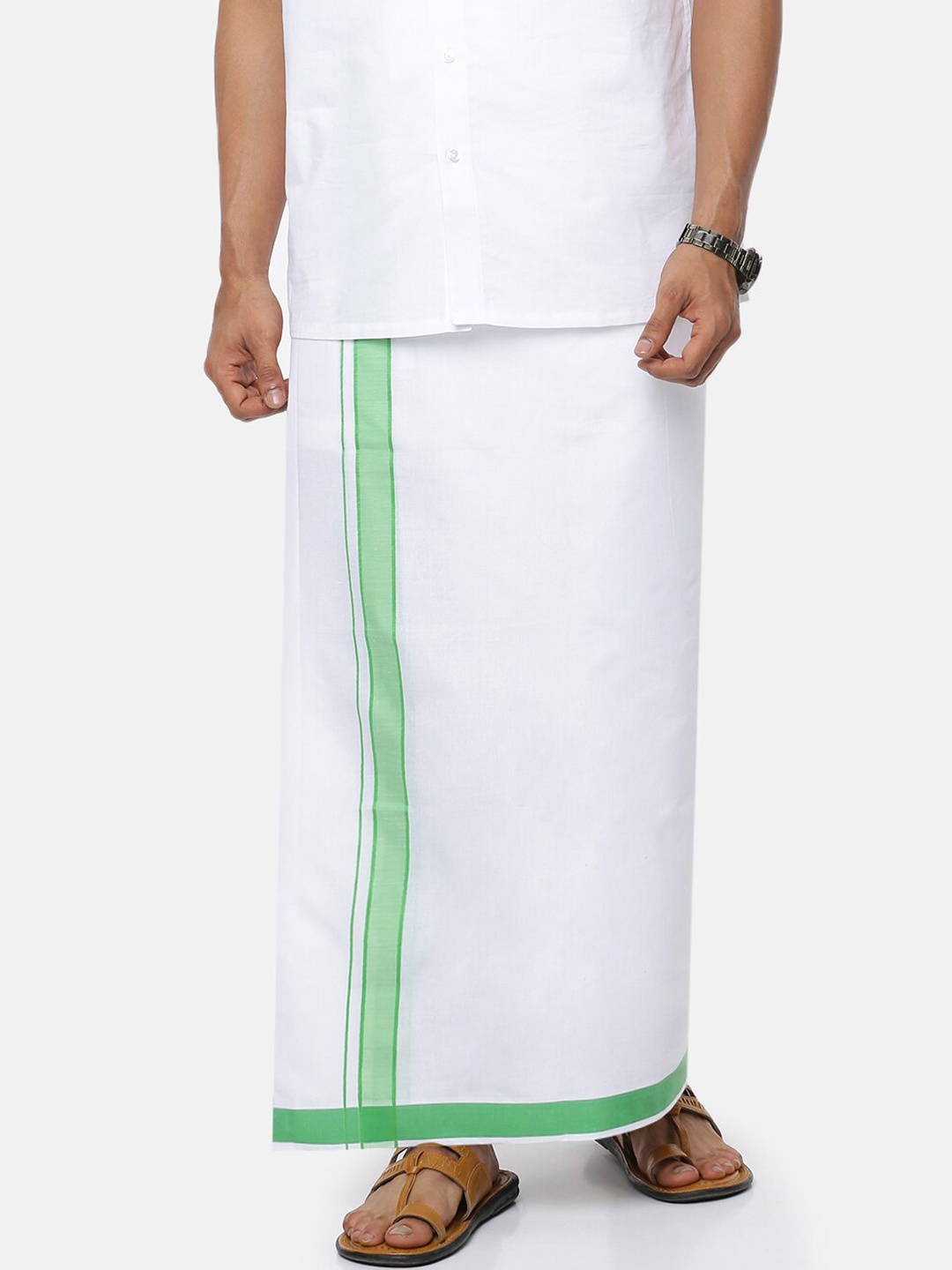 

WHITE HEART Men White & Green Solid Pure Cotton Dhoti