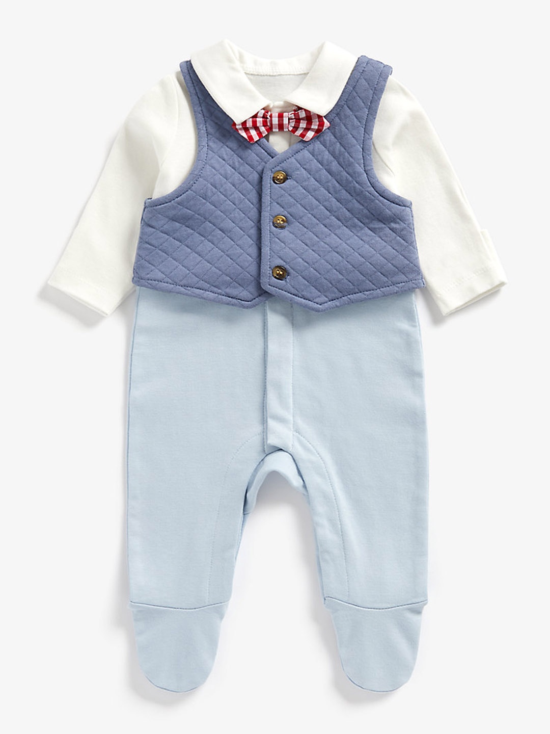 

mothercare Infant Boy Blue Colourblocked Pure Cotton Romper with Bow-Tie & Waistcoat