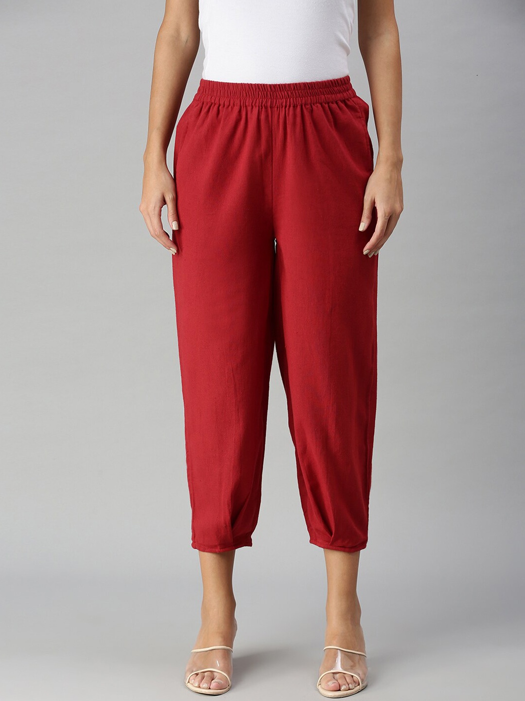 

De Moza Women Red Solid Cotton Harem Pants