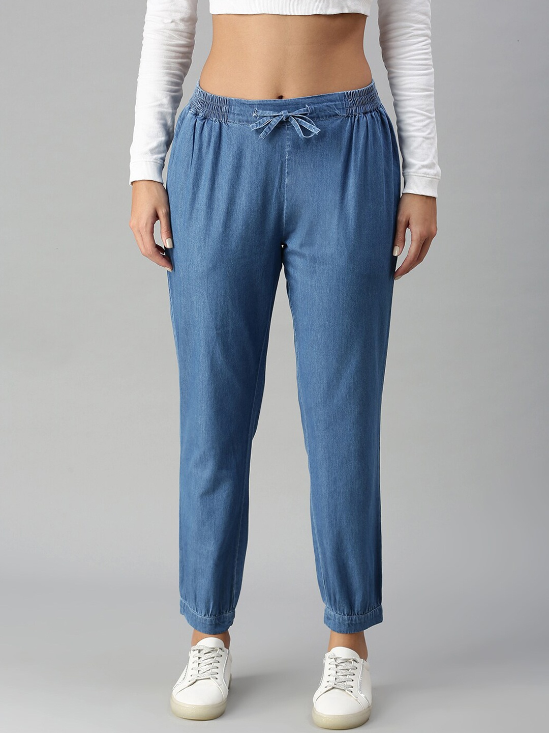 

De Moza Women Blue Solid Cotton Denim Harem Pant