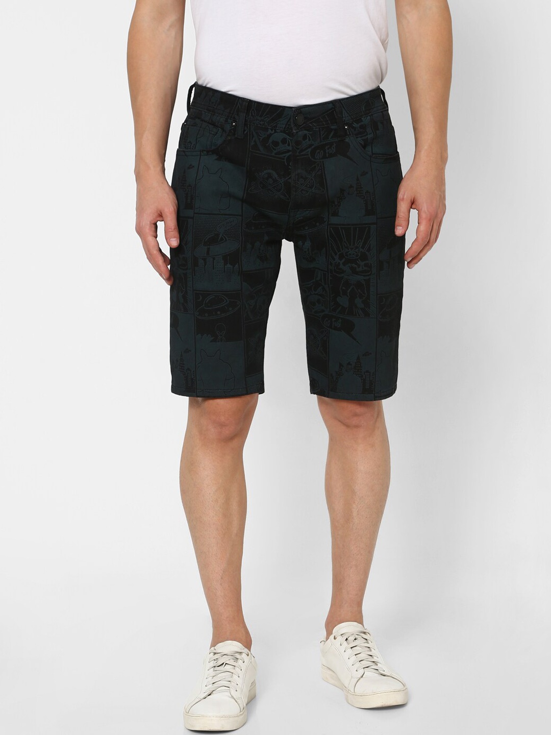 

Jack & Jones Men Green Printed Low-Rise Regular Shorts