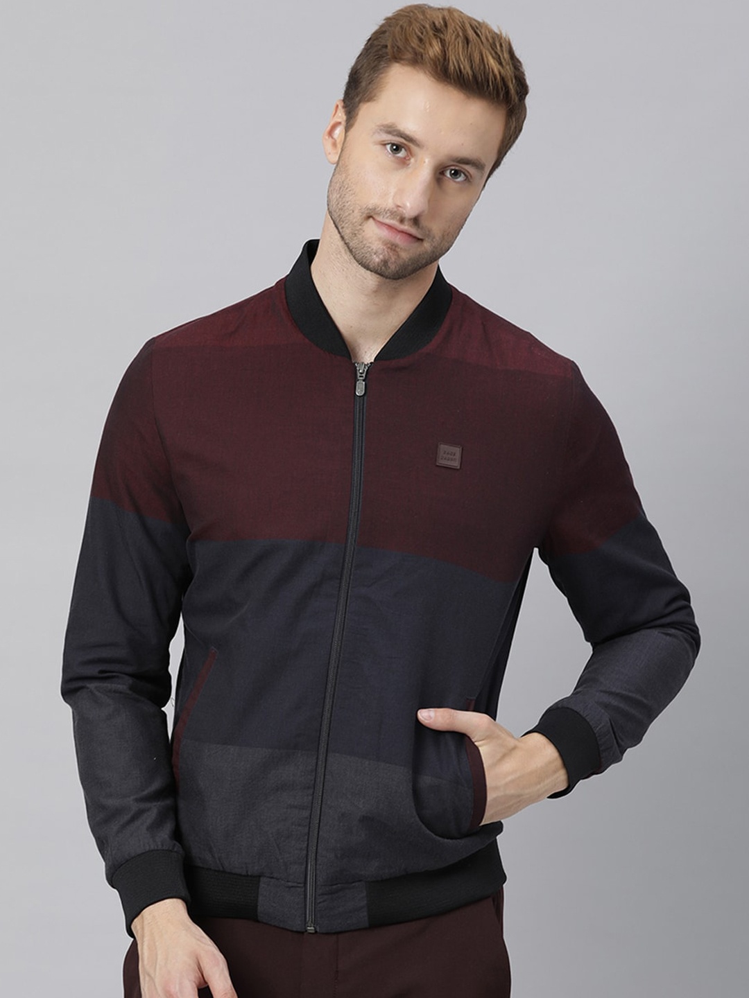 

RARE RABBIT Men Maroon Colourblocked Bomber with Patchwork Jacket