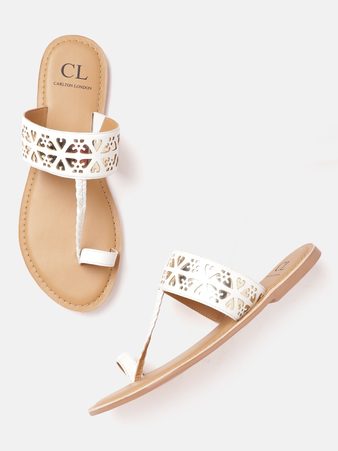 

Carlton London Women White & Gold-Toned Laser Cuts One Toe Flats