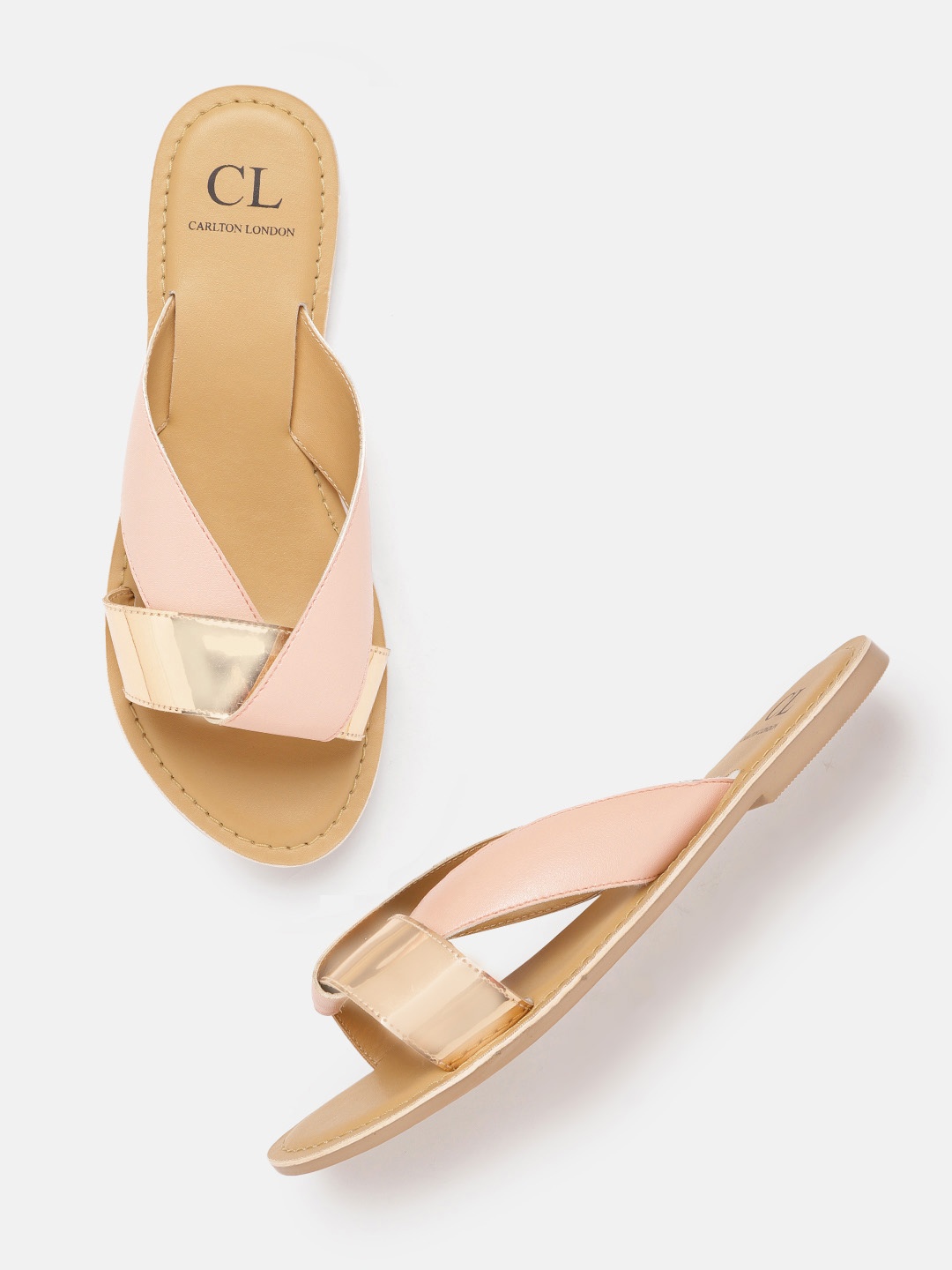 

Carlton London Women Peach-Coloured & Gold-Toned Colourblocked Open Toe Flats