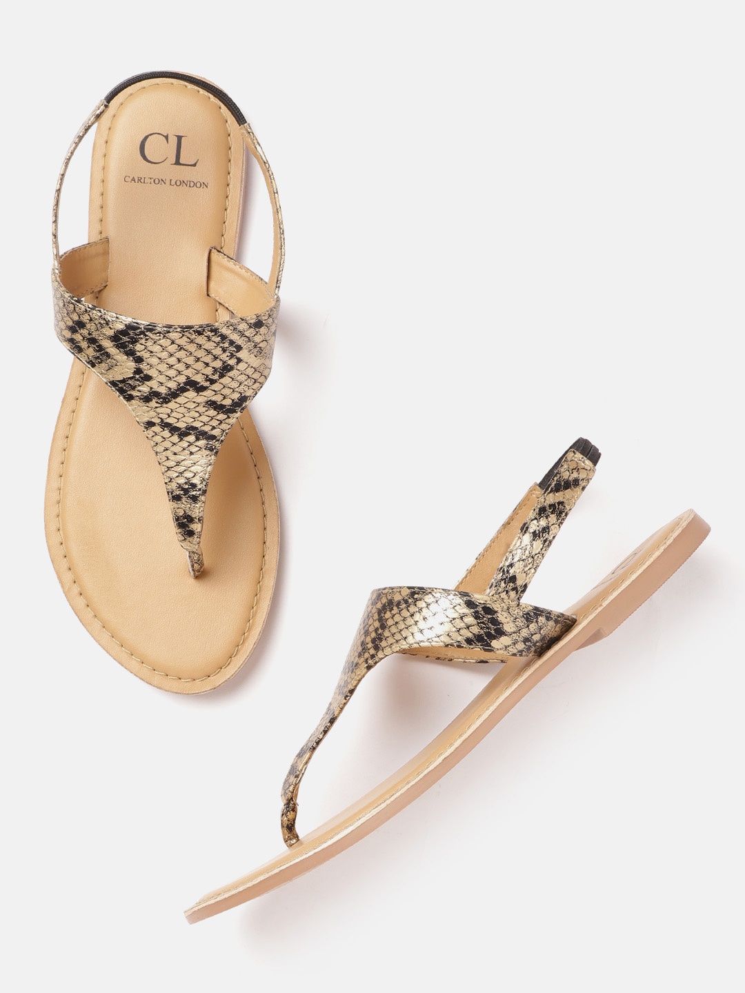 

Carlton London Women Gold-Toned & Black Snakeskin Print T-Strap Flats