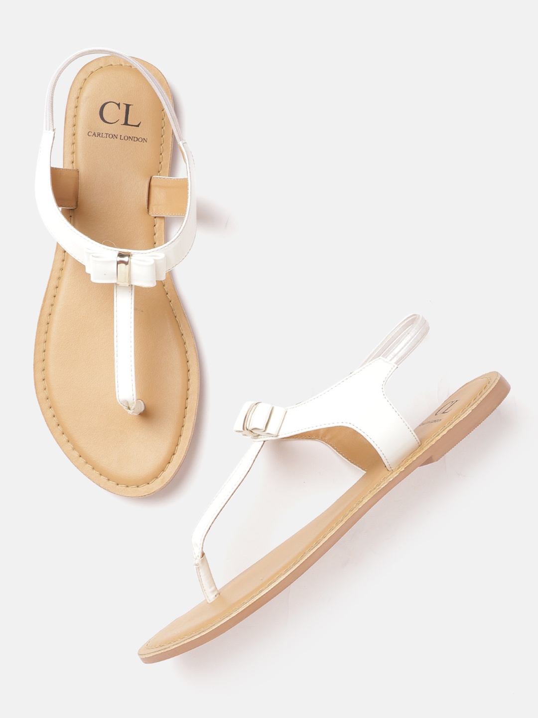 

Carlton London Women White Solid T-Strap Flats with Bow Detail
