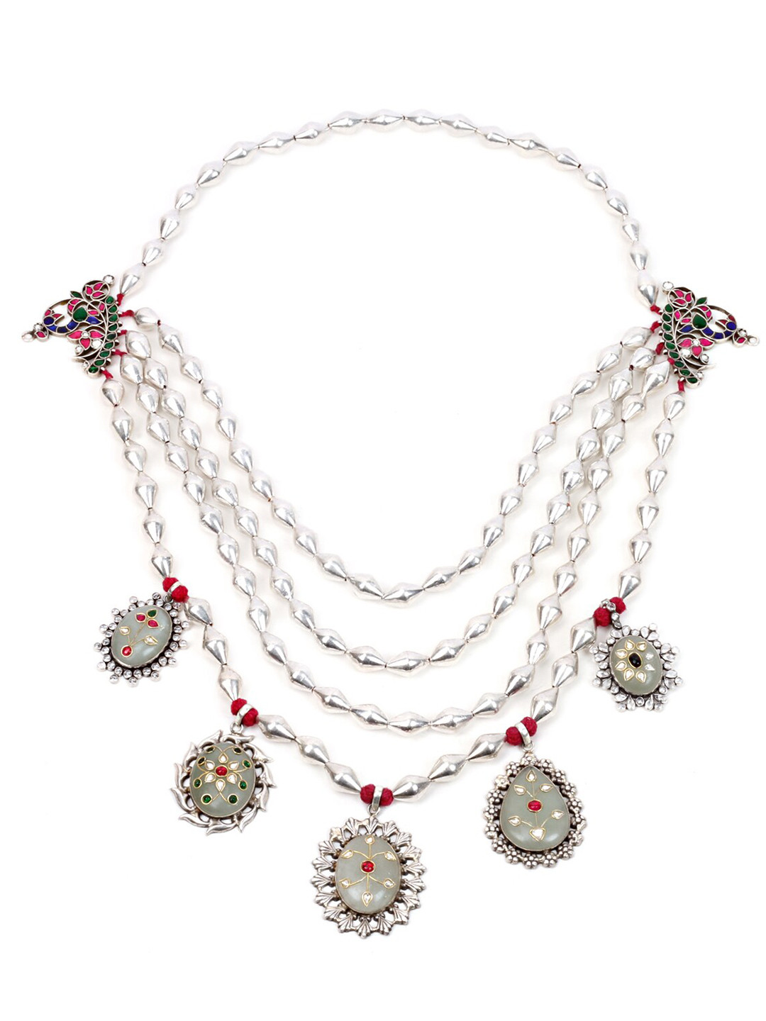 

SANGEETA BOOCHRA Red & Green Real Stone-Studded Silver Layered Necklace