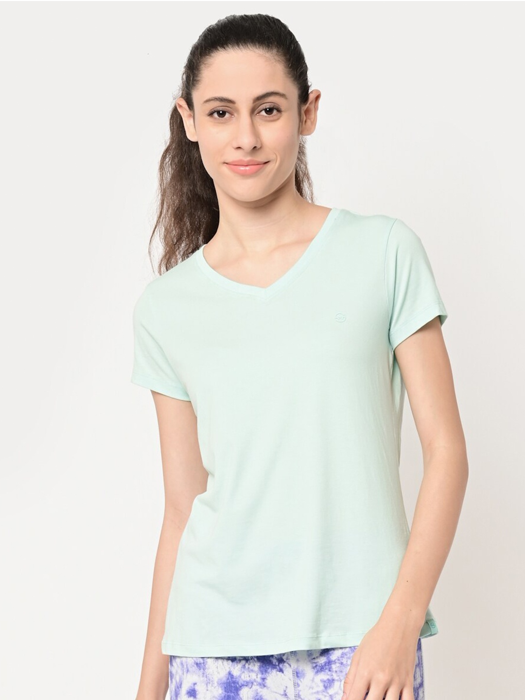 

MAYSIXTY Women Blue V-Neck Extended Sleeves T-shirt