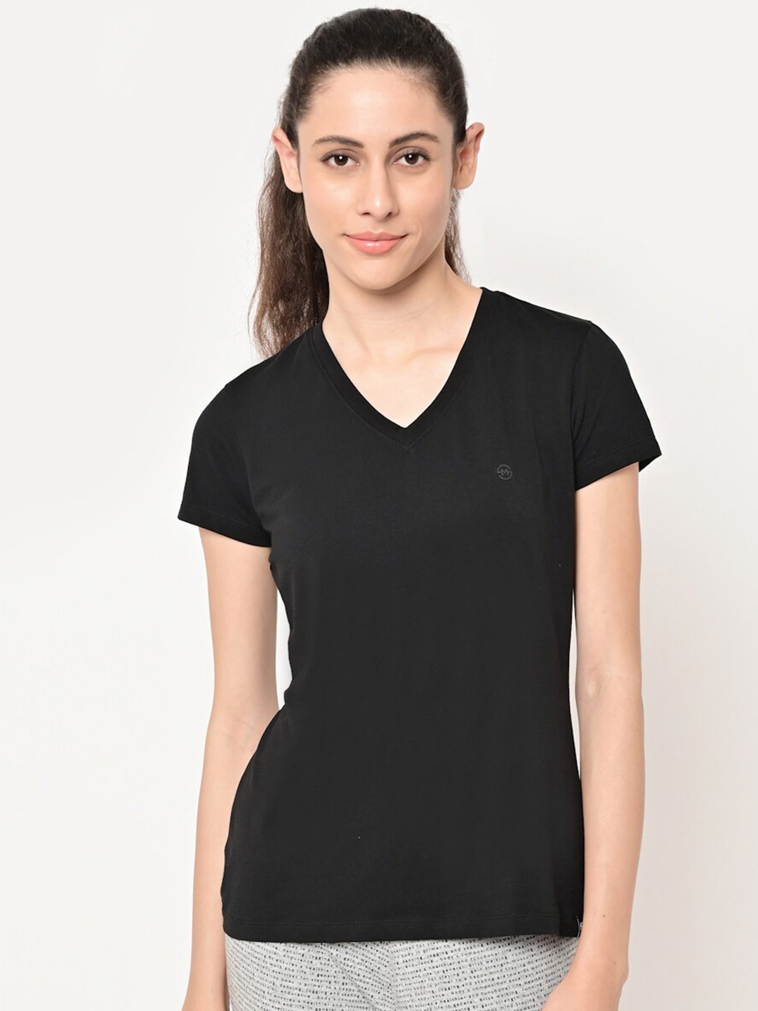 

MAYSIXTY Women Black V-Neck T-shirt