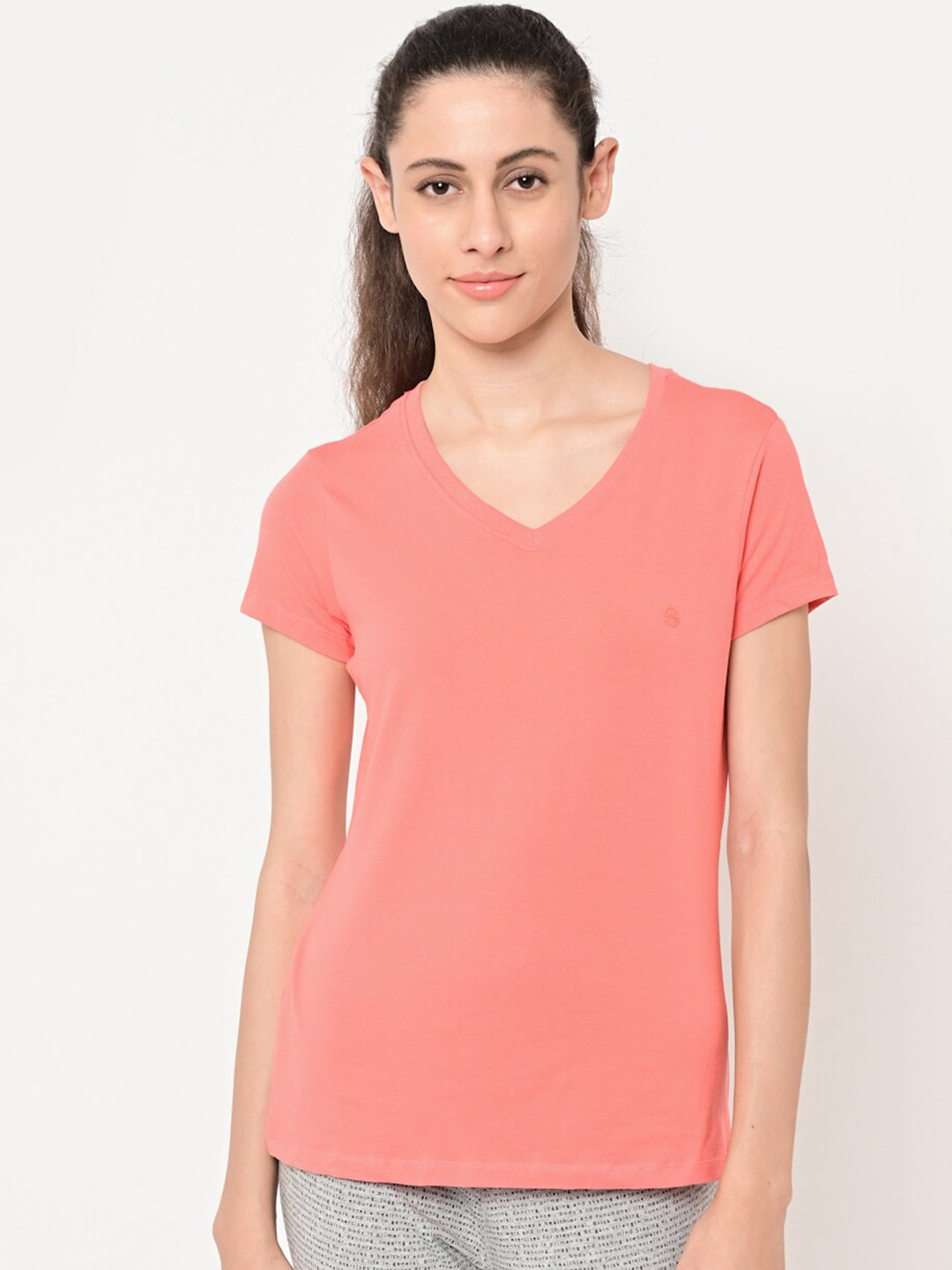 

MAYSIXTY Women Peach-Coloured V-Neck T-shirt
