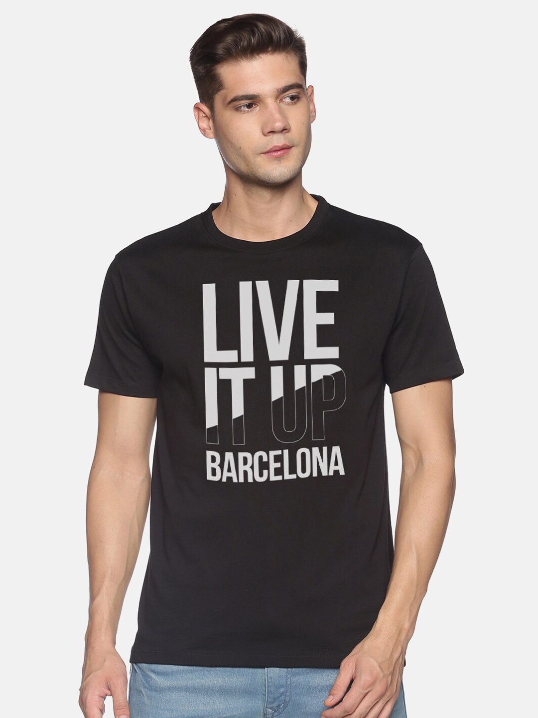 

MASH UNLIMITED Men Black & Grey Typography Printed Slim Fit T-shirt