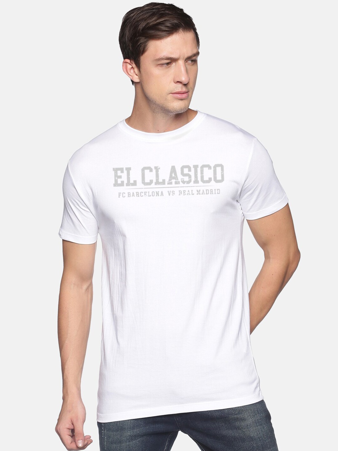 

MASH UNLIMITED Men White & Grey Typography Printed Slim Fit Cotton T-shirt