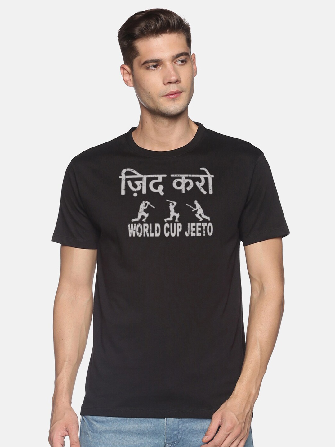 MASH UNLIMITED Men Black Typography Printed Applique Slim Fit T-shirt