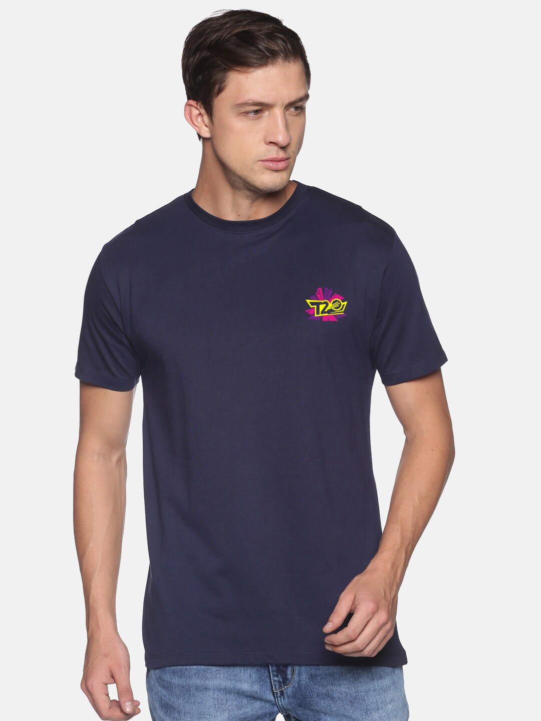 

MASH UNLIMITED Men Navy Blue Slim Fit Cotton T-shirt