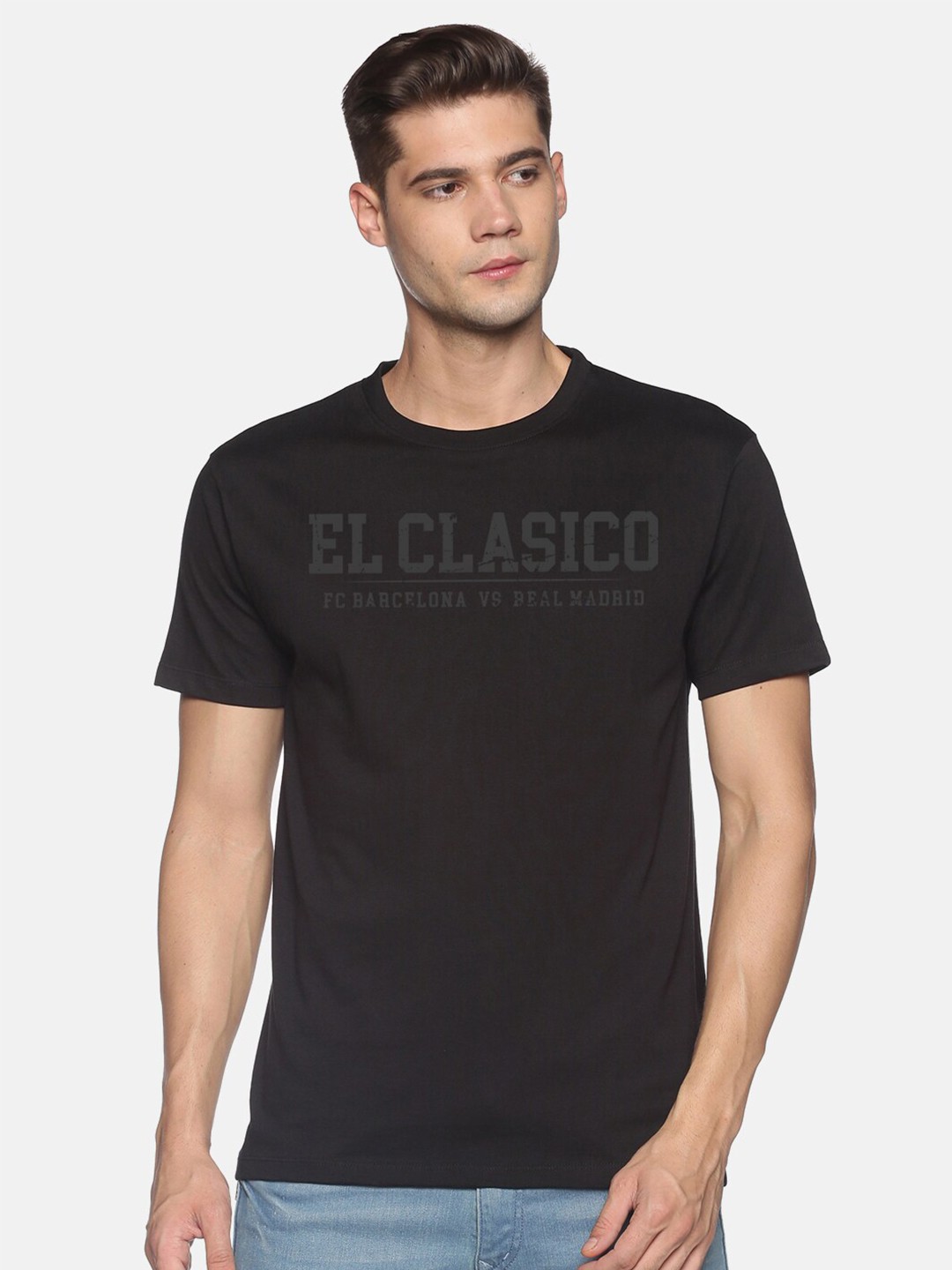 

MASH UNLIMITED Men Black & Grey Printed Round NeckT-shirt