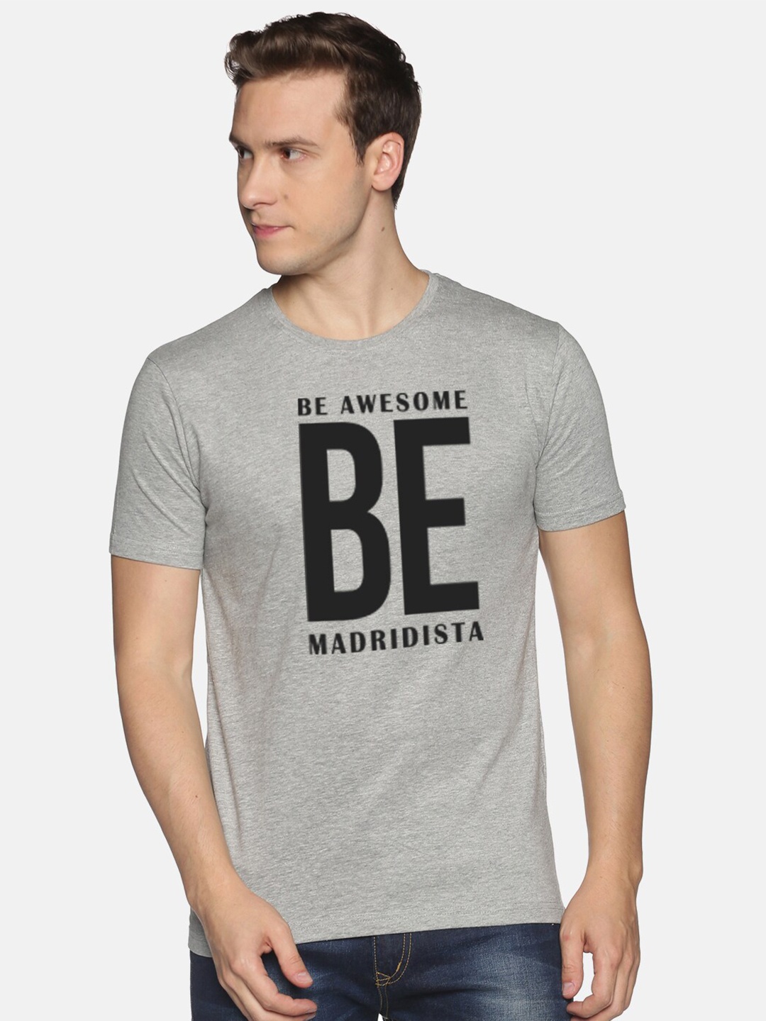 

MASH UNLIMITED Men Grey Typography Printed Slim Fit Cotton T-shirt