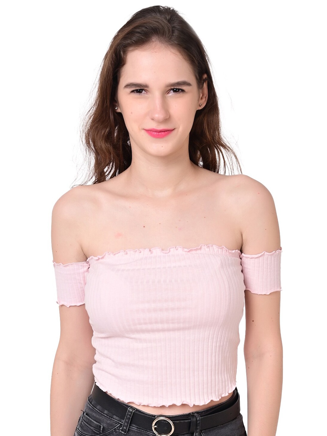 

NoBarr Women Pink Striped Off-Shoulder Bardot Crop Top
