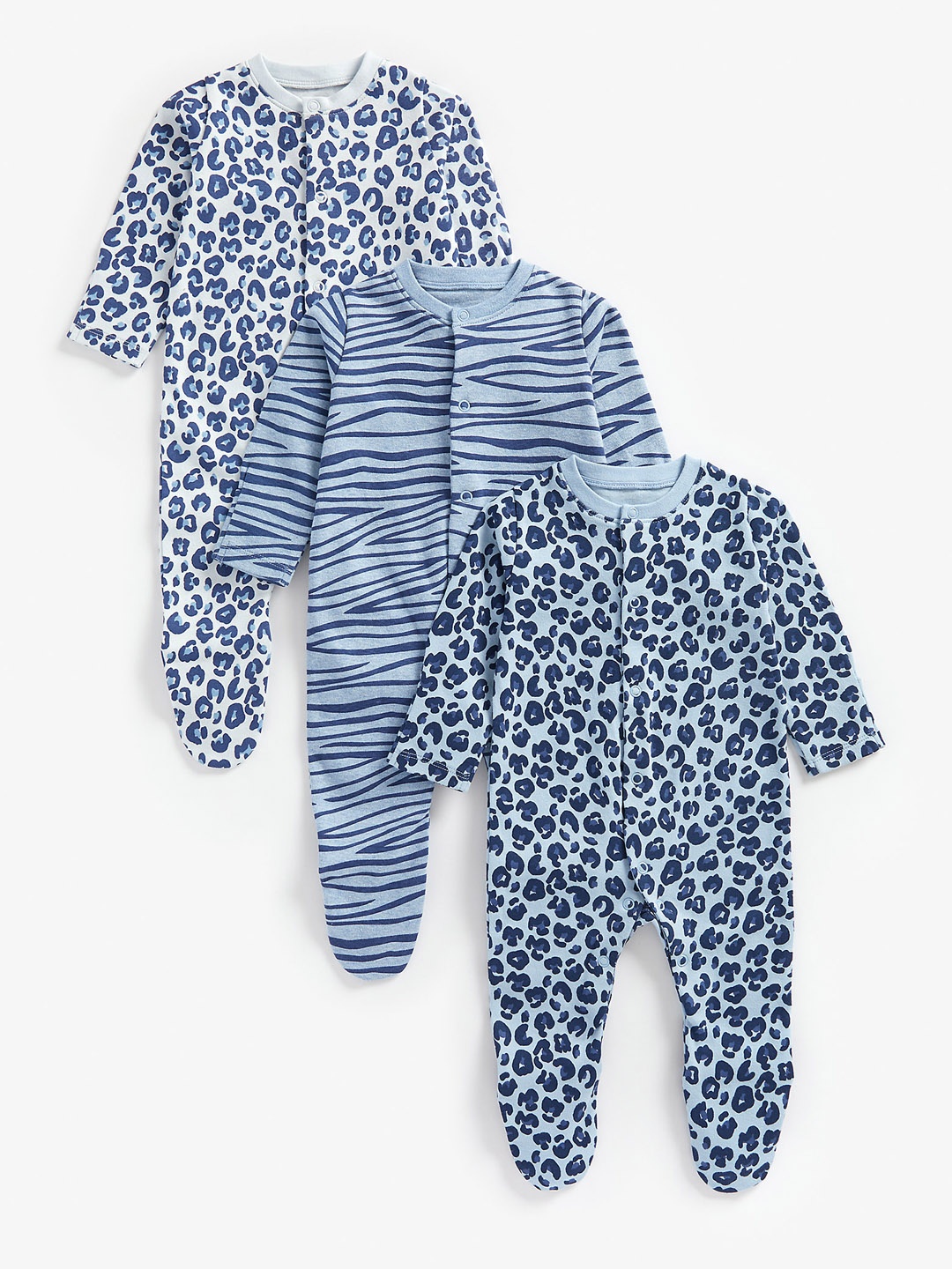 

mothercare Infant Boys Pack Of 3 Blue Animal Printed Pure Cotton Sleepsuits