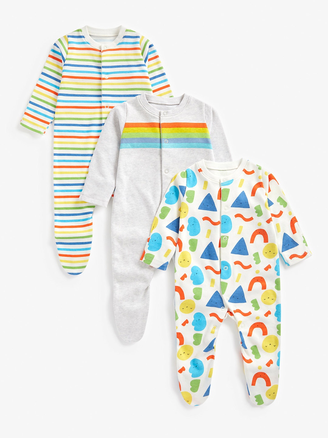 

mothercare Infant Unisex Pack Of 3 Multicoloured Rainbow Stripes Pure Cotton Sleepsuits, Multi