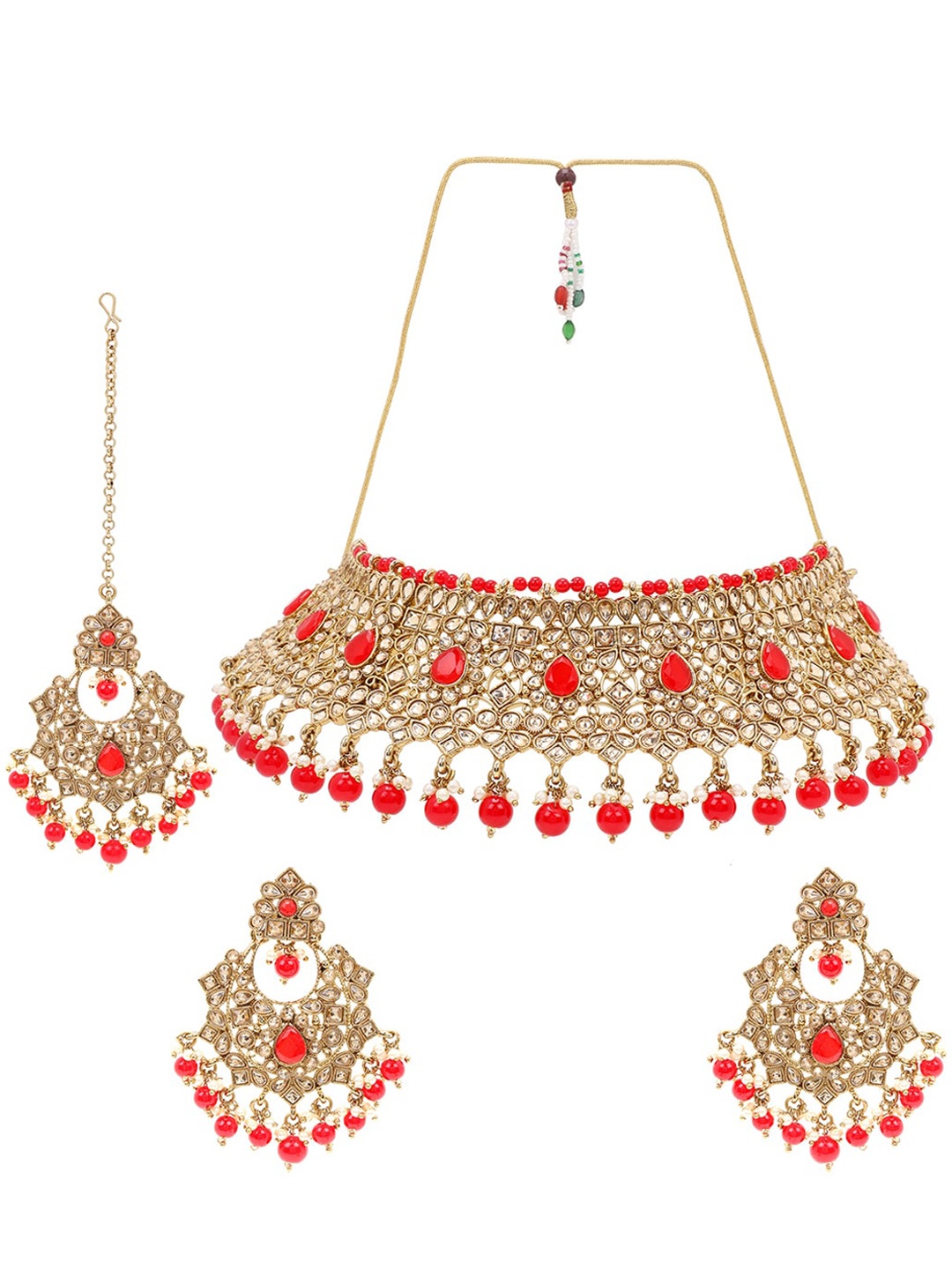 

ASMITTA JEWELLERY Gold Plated Red & Beige Kundan Studded Jewellery Set