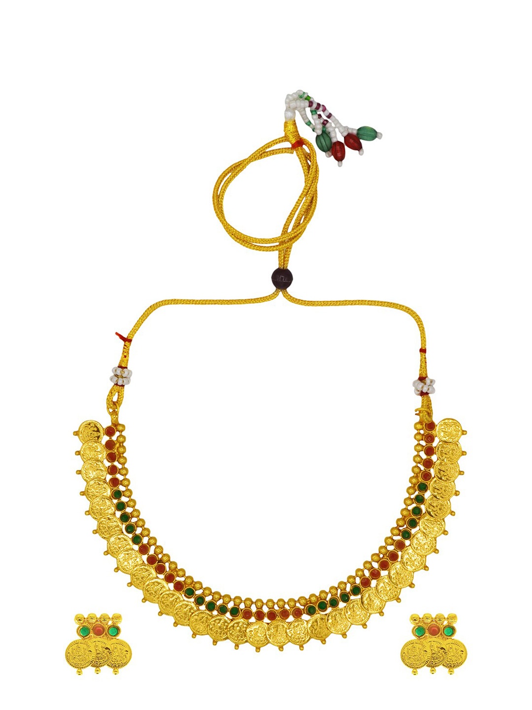 

ASMITTA JEWELLERY Gold-Plated Laxmi Coin Red & Green Stone-Studded Jewellery Set