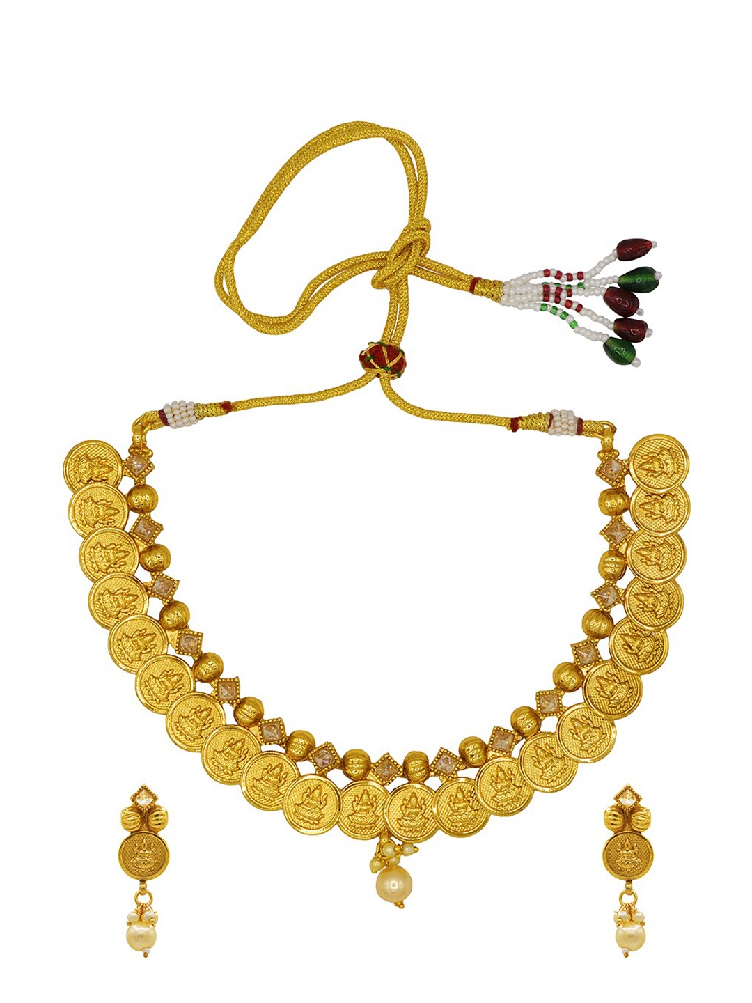 

ASMITTA JEWELLERY Gold-Plated Beige Stone-Studded Laxmi Coin Jewellery Set