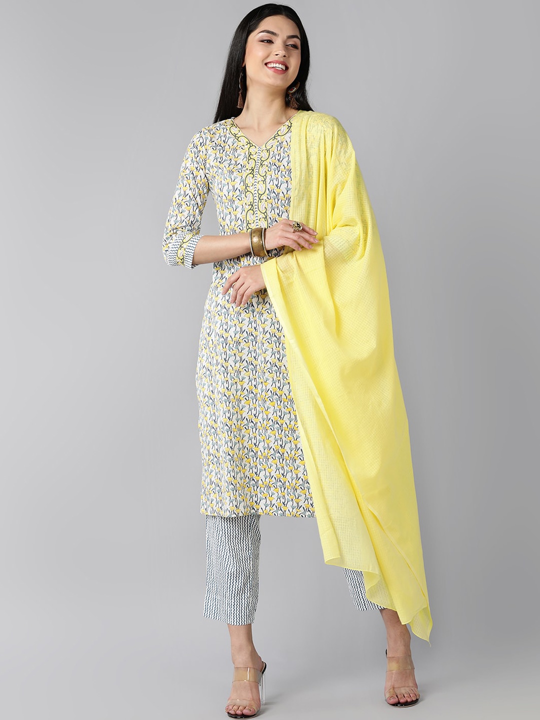 

AHIKA Women White & Grey Floral Printed Regular Pure Cotton Kurta with Trousers & Dupatta