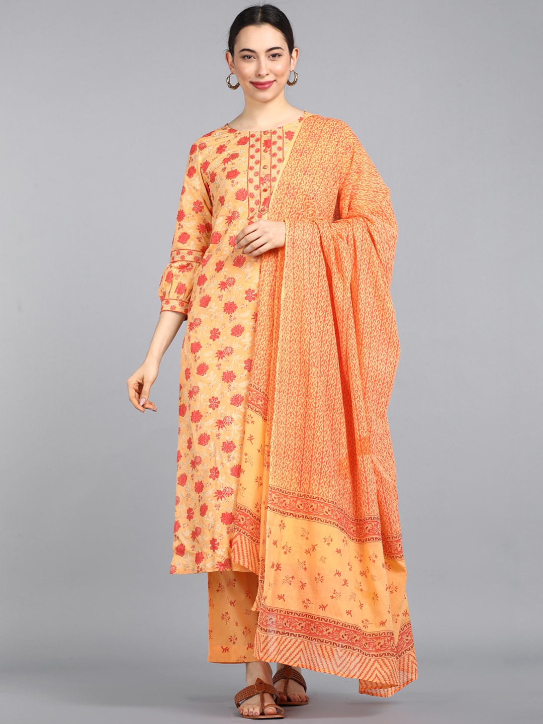 

AHIKA Women Orange Printed Panelled Pure Cotton Kurti with Palazzos & With Dupatta