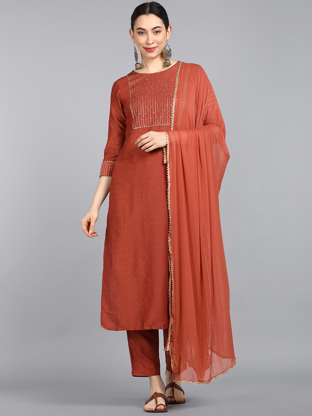 

AHIKA Women Rust Embroidered Panelled Gotta Patti Pure Cotton Kurti with Trousers & With Dupatta