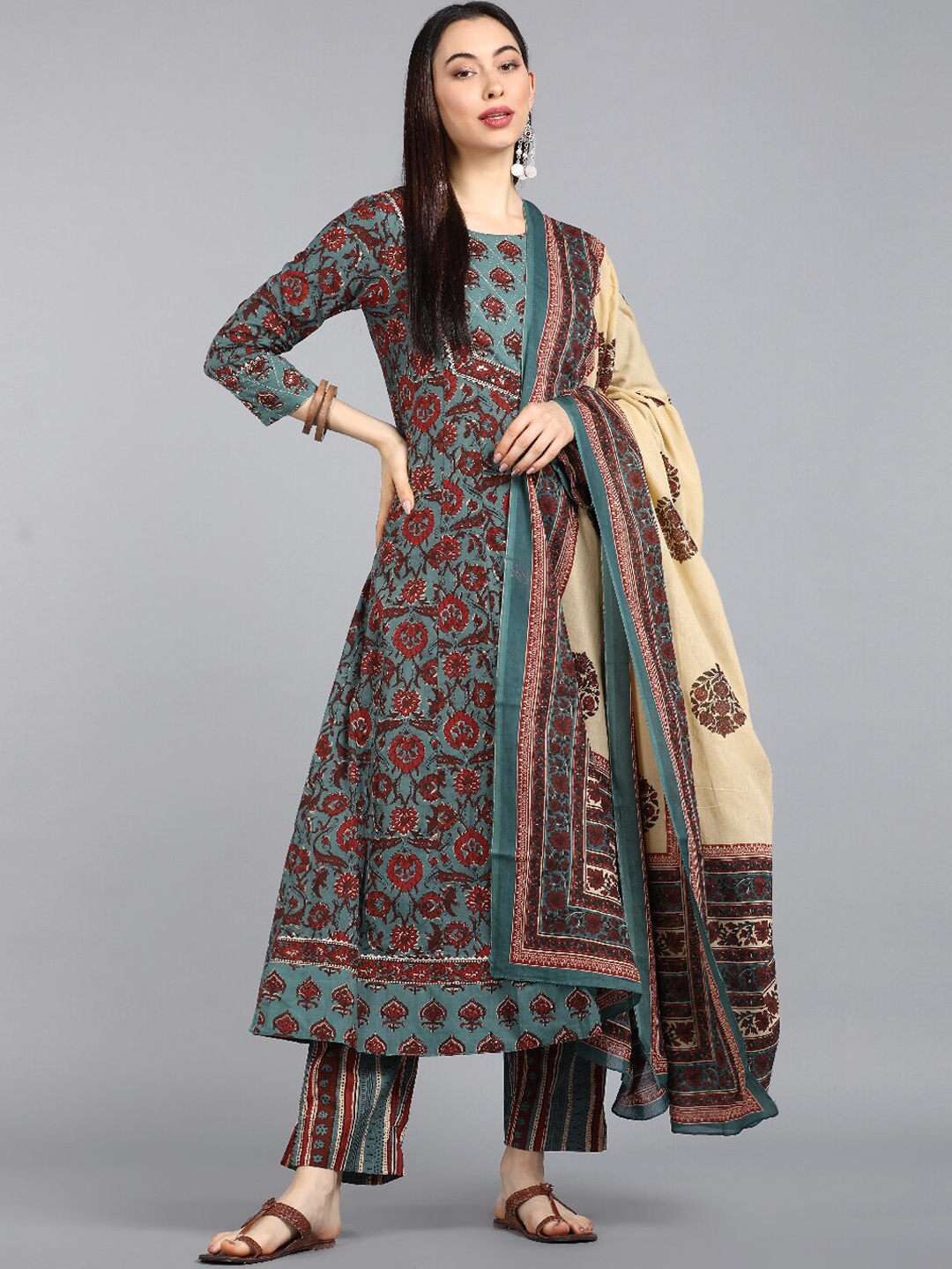 

AHIKA Women Teal Ethnic Motifs Printed Regular Pure Cotton Kurta with Trousers & With Dupatta