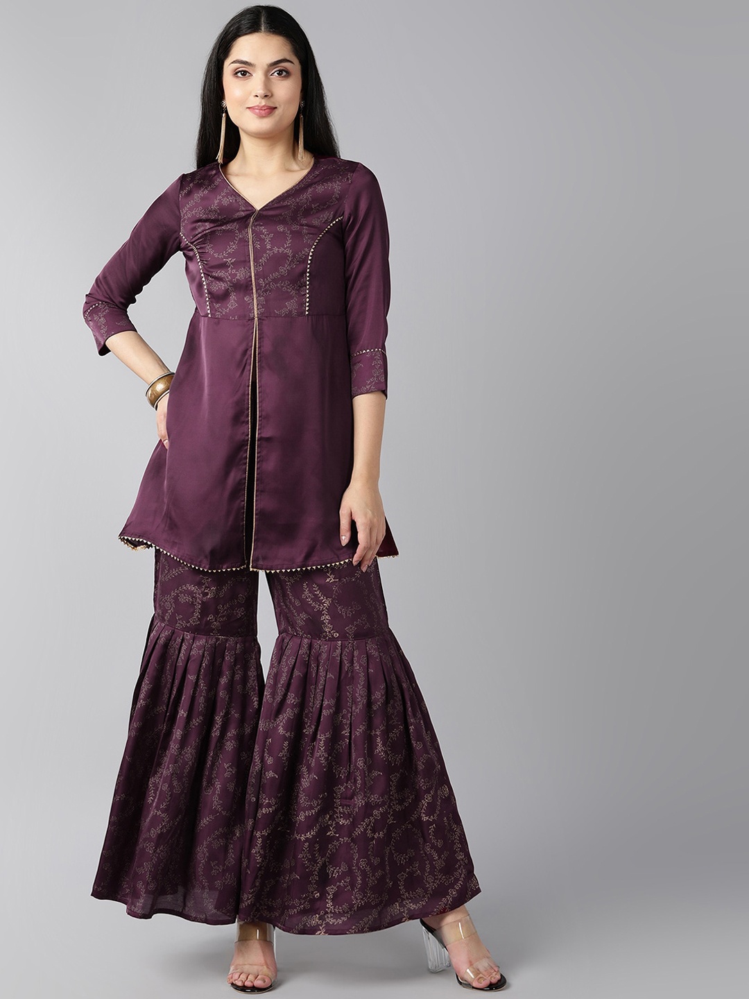 

AHIKA Women Burgundy Ethnic Motifs Printed Regular Gotta Patti Kurti with Sharara