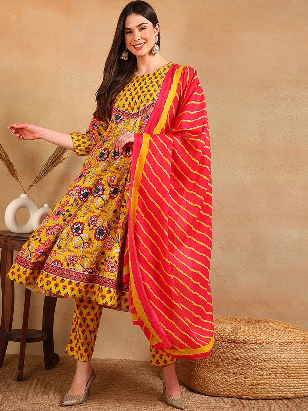 

AHIKA Women Yellow Yoke Design Empire Kurta with Trousers & With Dupatta