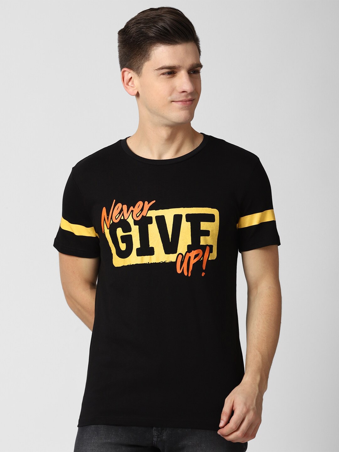 

Peter England Casuals Men Black & Yellow Typography Printed T-shirt