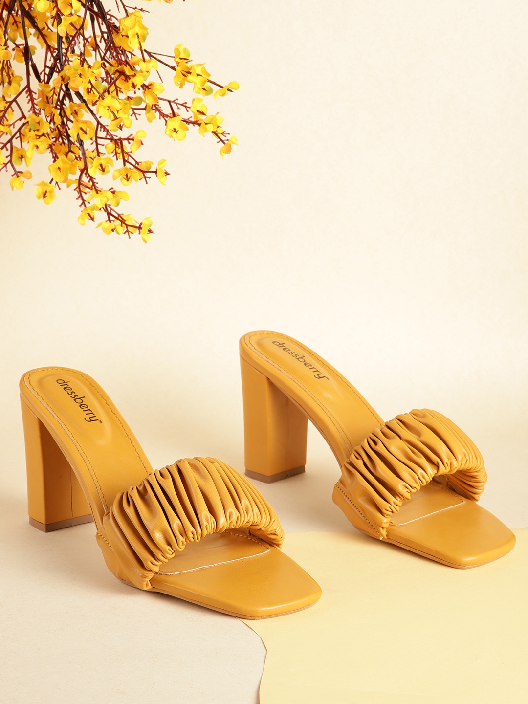 

DressBerry Mustard Yellow Pleated Detail Block Heels