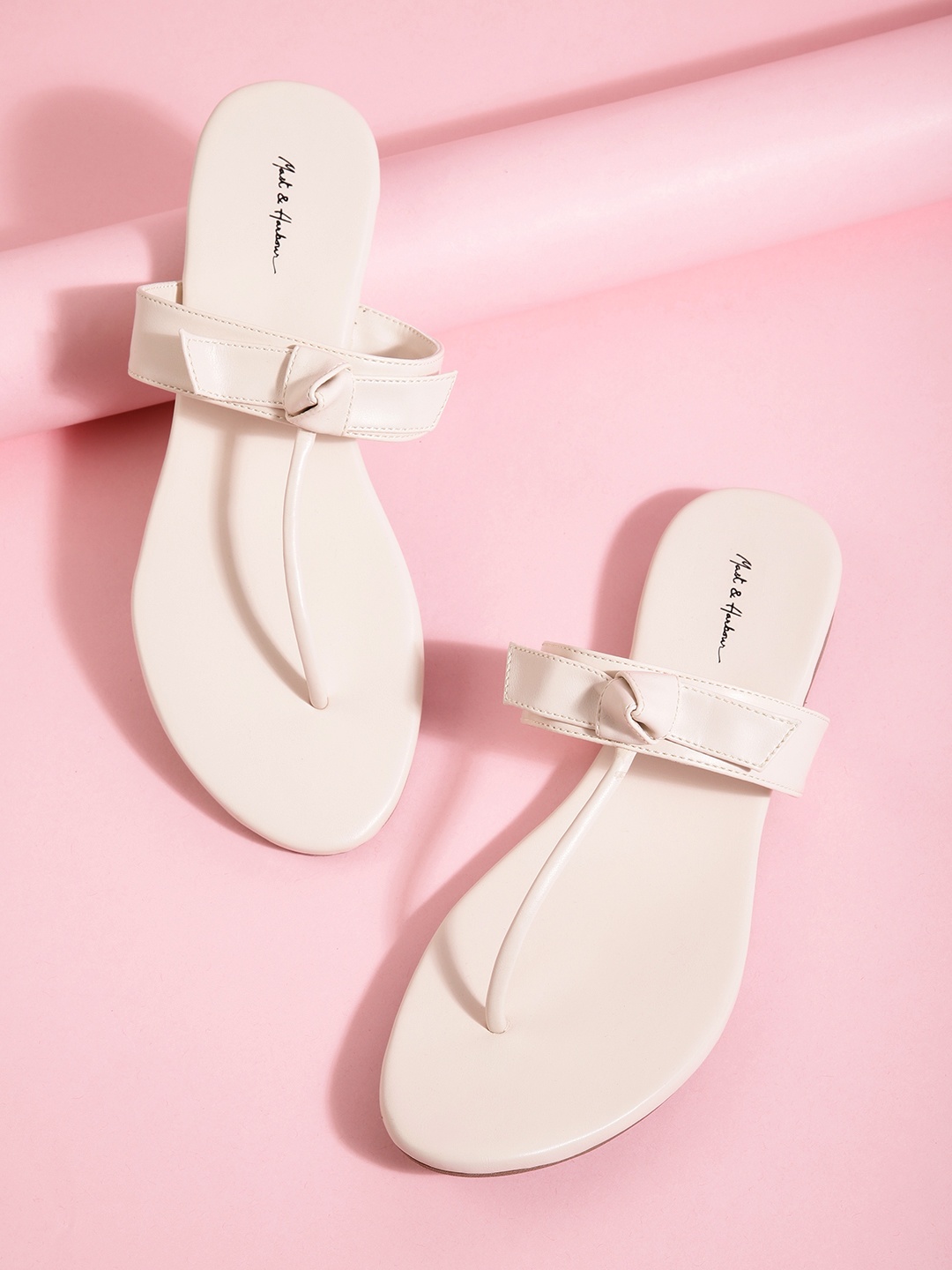 

Mast & Harbour Women Off White Solid T-Strap Flats with Bows