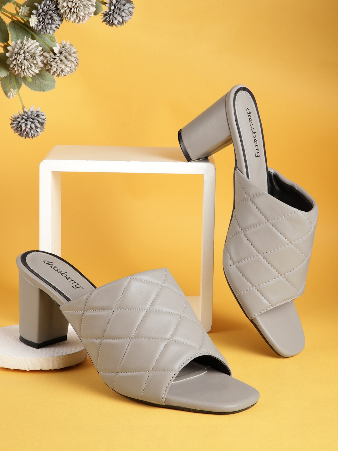 

DressBerry Women Grey Quilted Heeled Mules