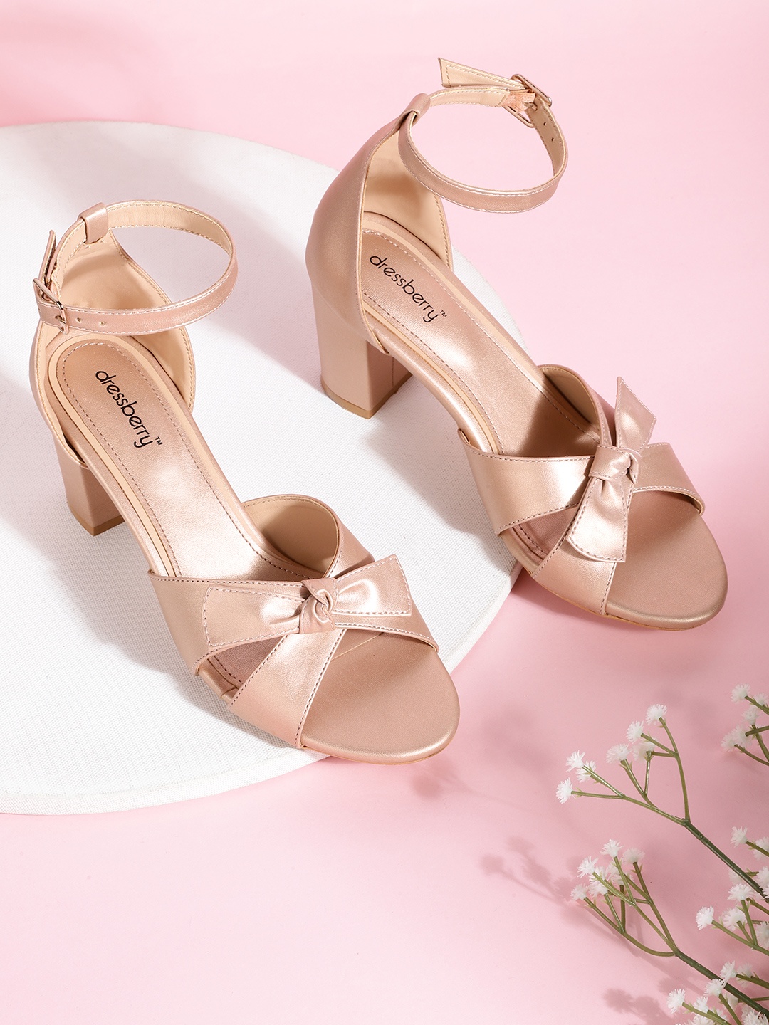 

DressBerry Women Rose Gold-Toned Solid Mid-Top Block Heels with Bows Detail
