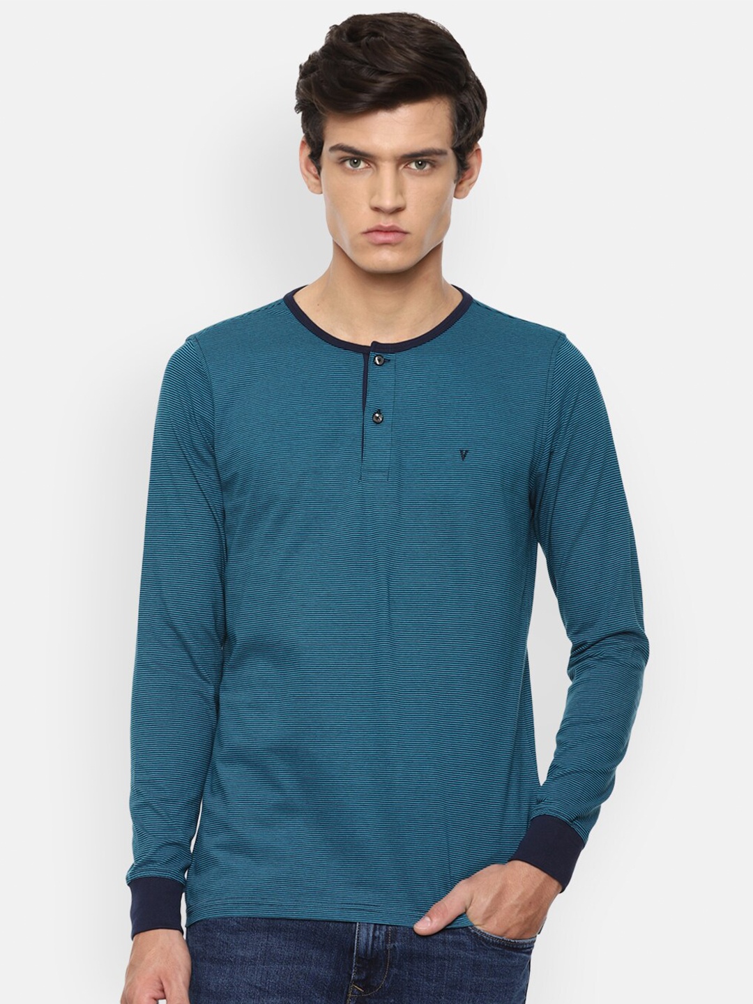 

Van Heusen Sport Men Blue Striped Henley Neck Pure Cotton T-shirt