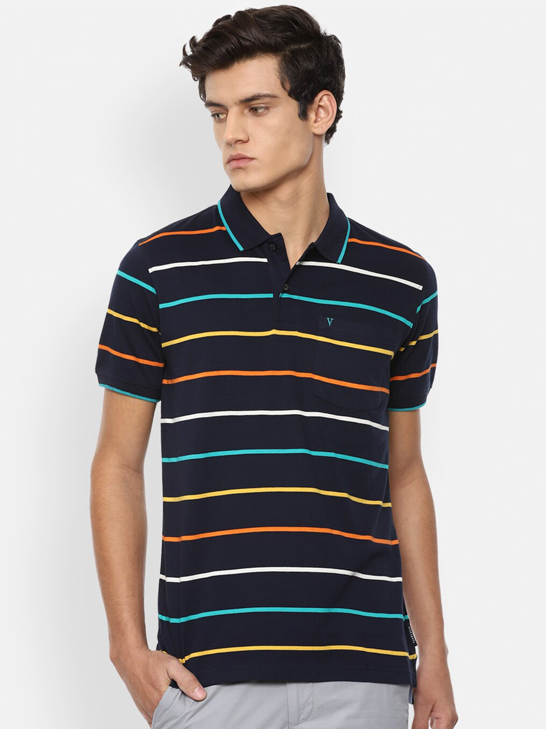 

Van Heusen Sport Men Navy Blue Striped Polo Collar Cotton T-shirt